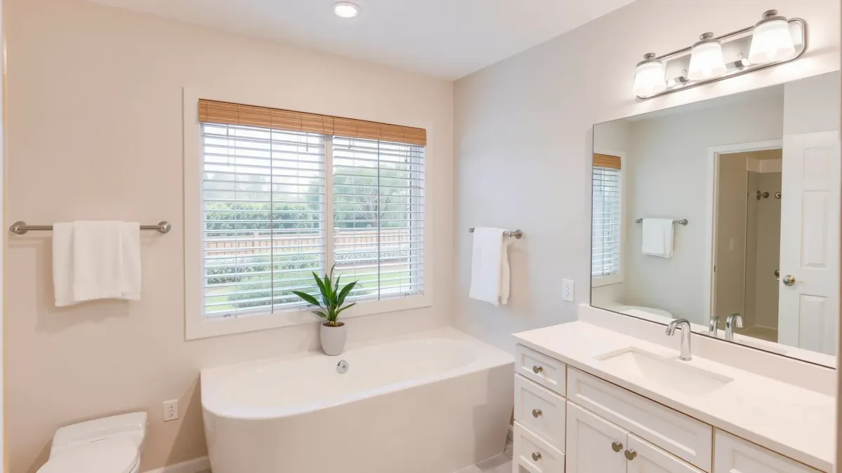 Renovated Redondo Beach bathroom with modern fixtures, marble countertops, glass shower, coastal decor, natural light.