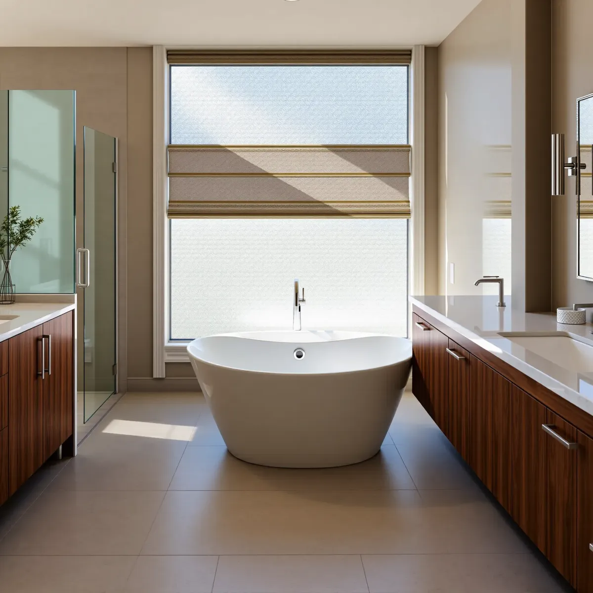 Modern Lomita bathroom with beige tiles, glass shower, freestanding tub, wooden vanity, and natural light.