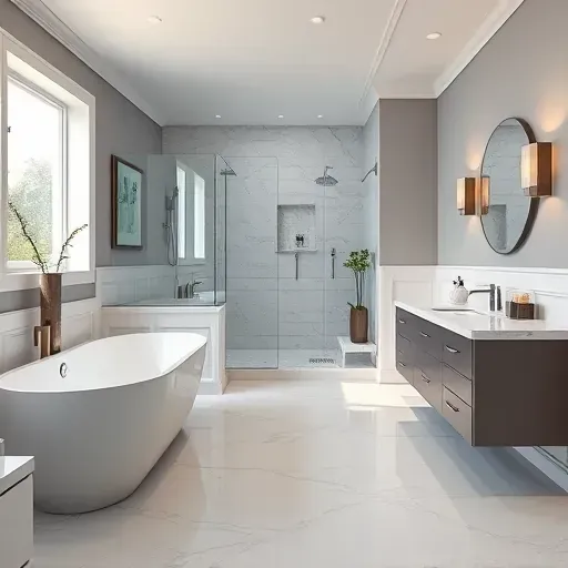 Modern bathroom remodel in Century City CA featuring a deep tub, elegant shower, double vanity, and serene ambiance.