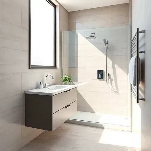 Modern small bathroom renovation in Lawndale California with a sleek vanity, marble countertop, frameless shower, textured tiles, and natural light