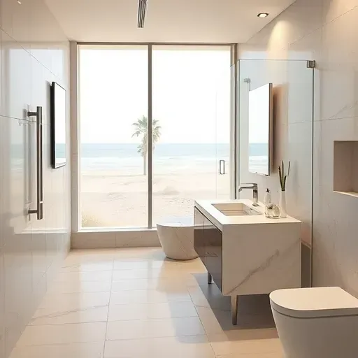 Recently renovated Manhattan Beach small bathroom with modern fixtures, marble countertop, light stone flooring, glass shower, ocean view