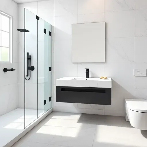 Recently remodeled Beverly Hills bathroom featuring sleek black fixtures white marble walls a floating quartz vanity and large gray tiles
