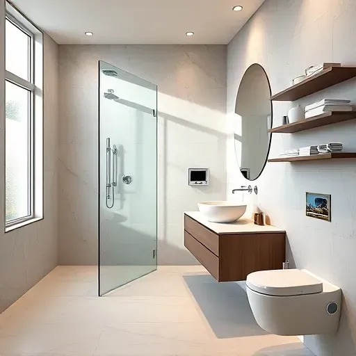 Recently renovated small modern bathroom in Carson California featuring a walk-in shower, marble tiles, floating vanity, vessel sink, and soft natural light