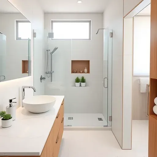 Remodeled small bathroom in Marina del Rey California with marble countertops, glass shower, vessel sink, and modern decor