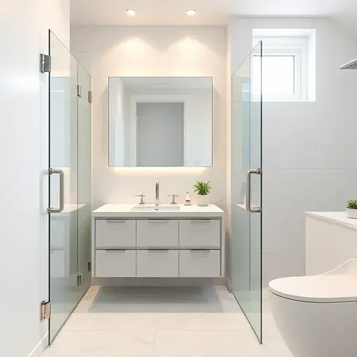 Modern bathroom in Mid Wilshire California with marble counters ceramic wall tiles glass shower sleek vanity chrome fixtures and natural light