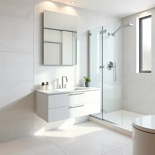 Freshly remodeled small bathroom in Century City with sleek design, marble finishes, stylish fixtures, and elegant decor.