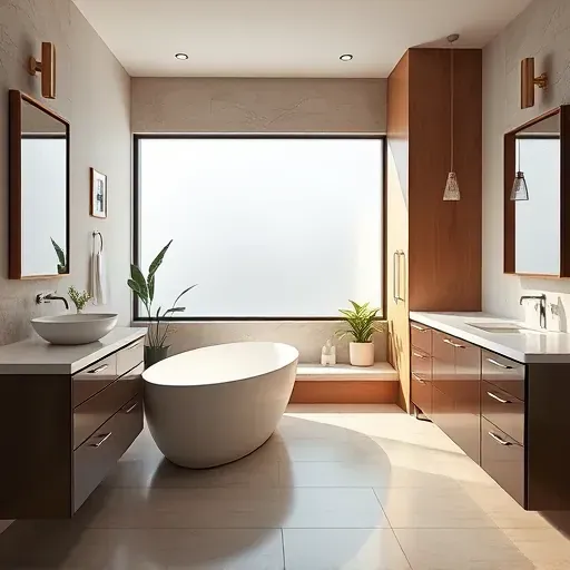 Completed bathroom remodel in Inglewood CA featuring freestanding tub, modern vanity, and elegant warm tones.
