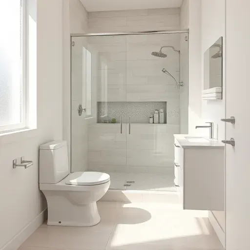 Renovated small bathroom in Hyde Park CA with modern fixtures, marble countertop, glass shower, neutral tones, and natural light