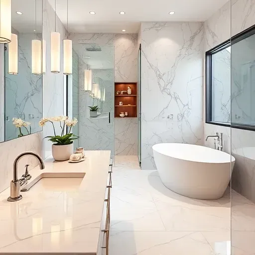 Luxurious Beverly Hills bathroom remodel with marble countertops, glass shower, soaking tub, and elegant decor elements.