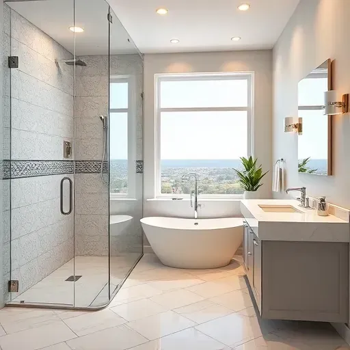 Luxury bathroom remodel in Playa del Rey featuring a modern walk-in shower, soaking tub, and elegant finishes.