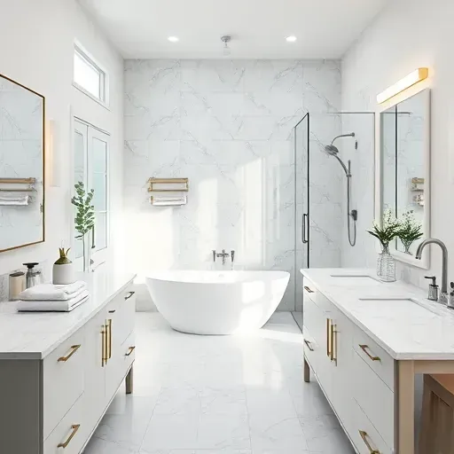 Luxurious bathroom remodel in Mar Vista, CA features a freestanding tub, walk-in shower, marble countertops, and ambient lighting.