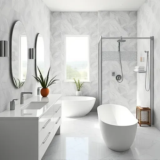 Modern bathroom in Hawthorne CA features freestanding tub, dual sinks, and elegant tiles in serene, bright space.