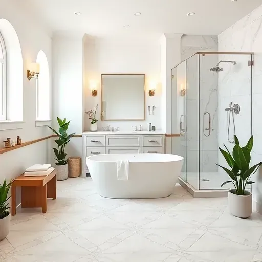 Elegant bathroom remodel in Venice CA with soaking tub, glass shower, and custom cabinetry in a serene atmosphere.