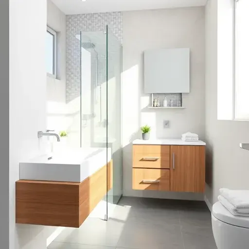 Recently remodeled small bathroom in Crenshaw CA with modern fixtures, mosaic tiles, marble shower, and natural light