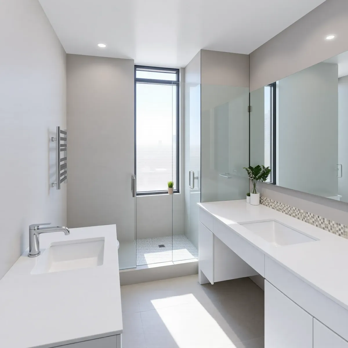 Modern small bathroom in Mar Vista, CA featuring marble countertops, glass shower, gray tiles, and urban city view.