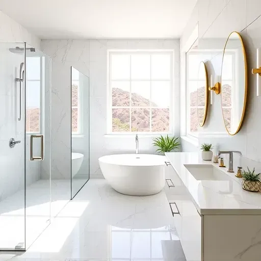 Bright renovated Los Angeles bathroom with walk-in shower, soaking tub, double vanity, marble tiles, and natural light