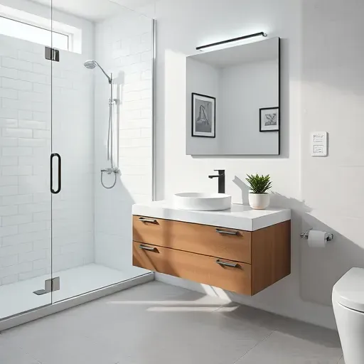 Small bathroom remodel in El Segundo CA with modern design, white subway tiles, floating vanity, glass shower, and potted plant.