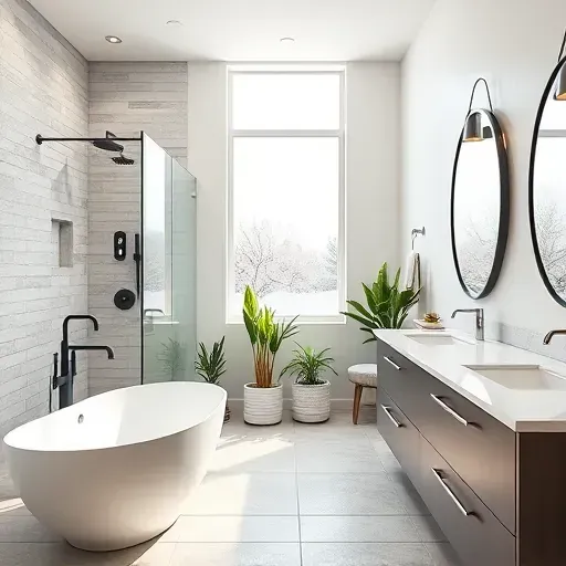 Bathroom remodel in Leimert Park CA featuring modern freestanding tub, walk-in shower, dual sink vanity, and lush greenery.
