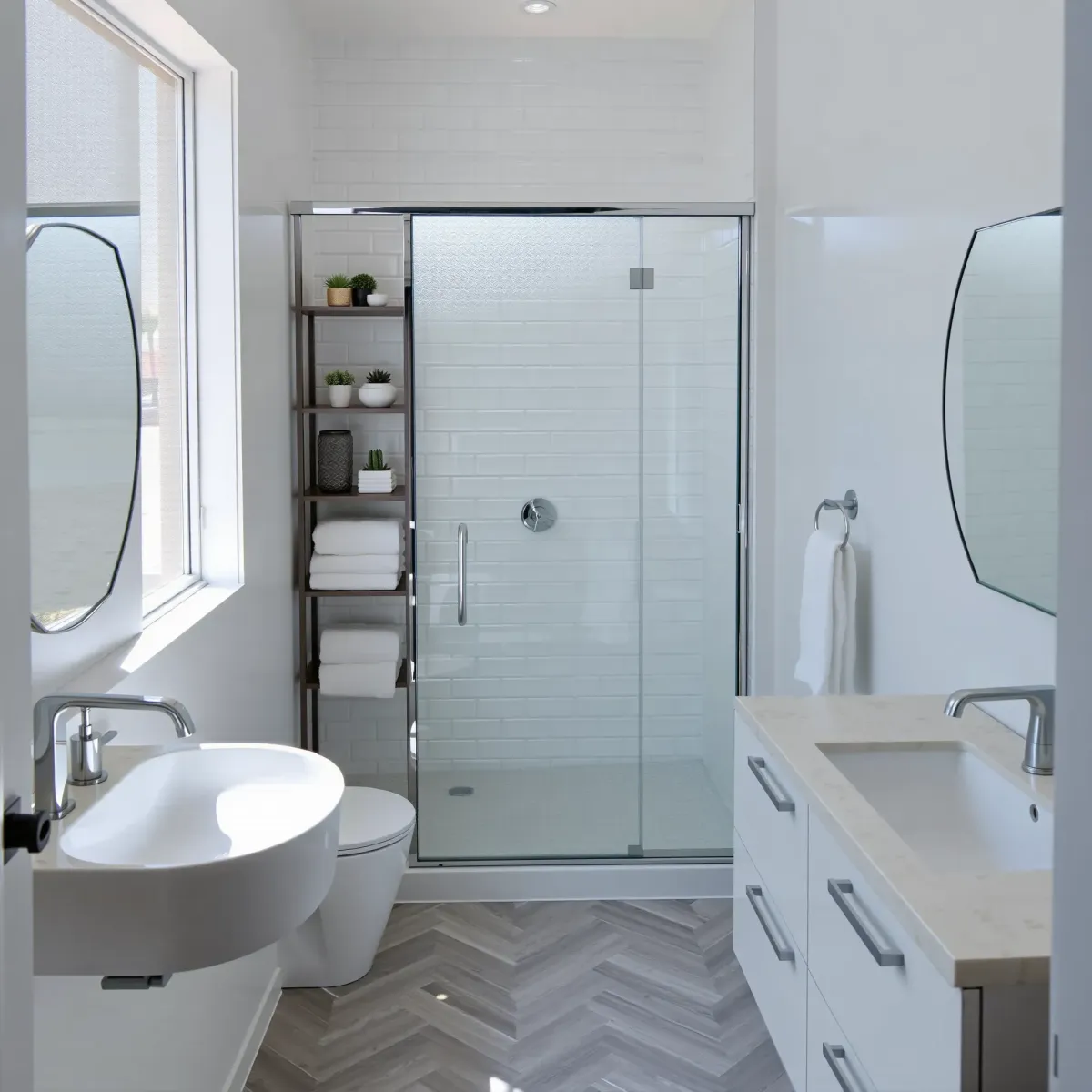 Remodeled small Hermosa Beach bathroom with marble countertops, glass shower, modern fixtures, seaside accents, and natural light.