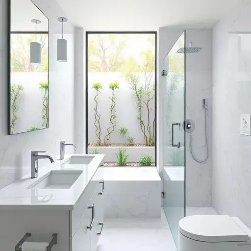 Small renovated Beverly Hills bathroom with marble countertops chrome fixtures frameless shower lush courtyard view natural lighting