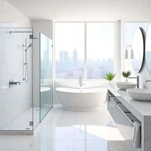 Modern renovated Los Angeles bathroom with marble shower, freestanding bathtub, double vanity, sleek fixtures, city view