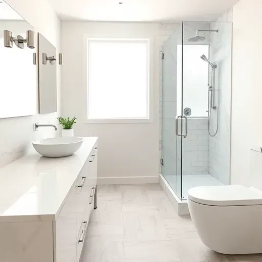 Refined small bathroom in Gardena California with white marble countertops floating vanity glass shower porcelain tiles and subtle decor