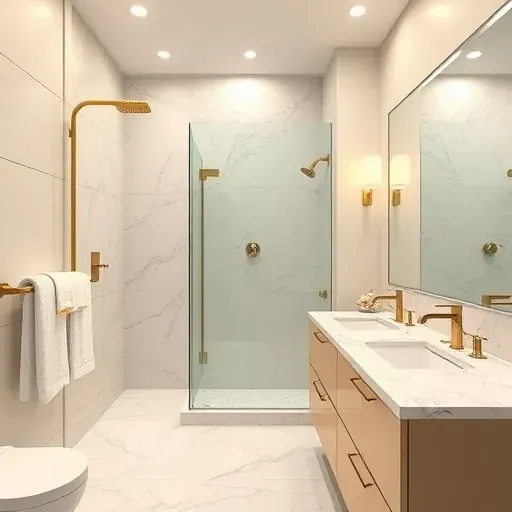 Modern bathroom remodeling in Torrance CA with sleek design, marble countertops, walk-in shower, and elegant brass fixtures.