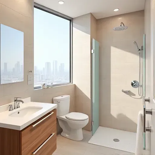 Modern accessible bathroom in Los Angeles with sleek fixtures, natural light, grab bars, walk-in shower, and city skyline view
