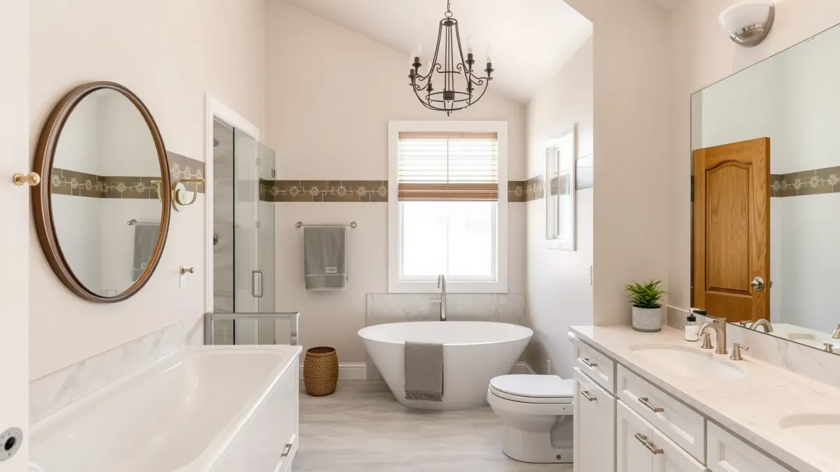 Modern Inglewood bathroom with marble, ceramic tiles, double sinks, walk-in shower, and sleek fixtures, illuminated by natural sunlight.