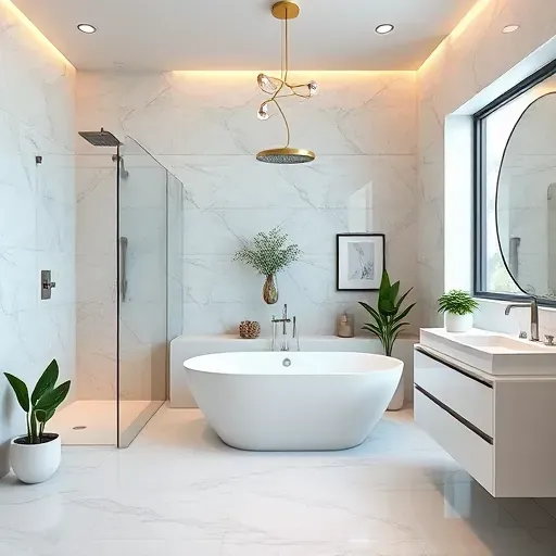 Modern bathroom remodel in Palms CA with walk-in shower, freestanding tub, marble tiles, and elegant fixtures.