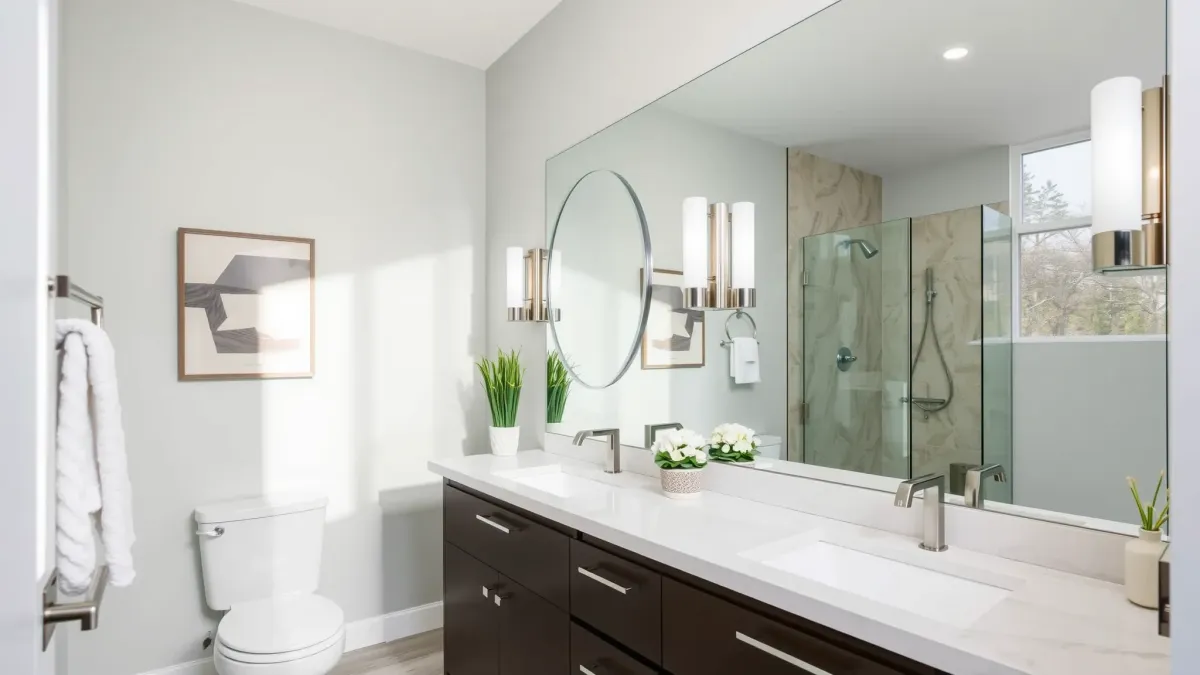 Remodeled Hyde Park bathroom with modern fixtures, walk-in shower, marble vanity, neutral tiles, and natural light.