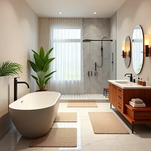 Elegant bathroom remodel in View Park CA featuring a freestanding tub, walk-in shower, double vanity, and lush plants.