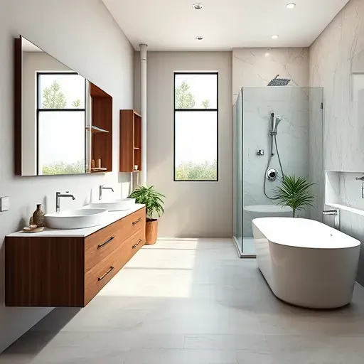Modern bathroom remodel in Los Angeles showcasing sleek fixtures, stylish tiles, and sophisticated decor elements.