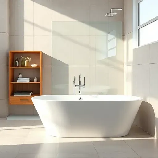 Modern Los Angeles bathroom with sleek freestanding bathtub, chrome fixtures, neutral tiles, glass shower, and polished stone floors