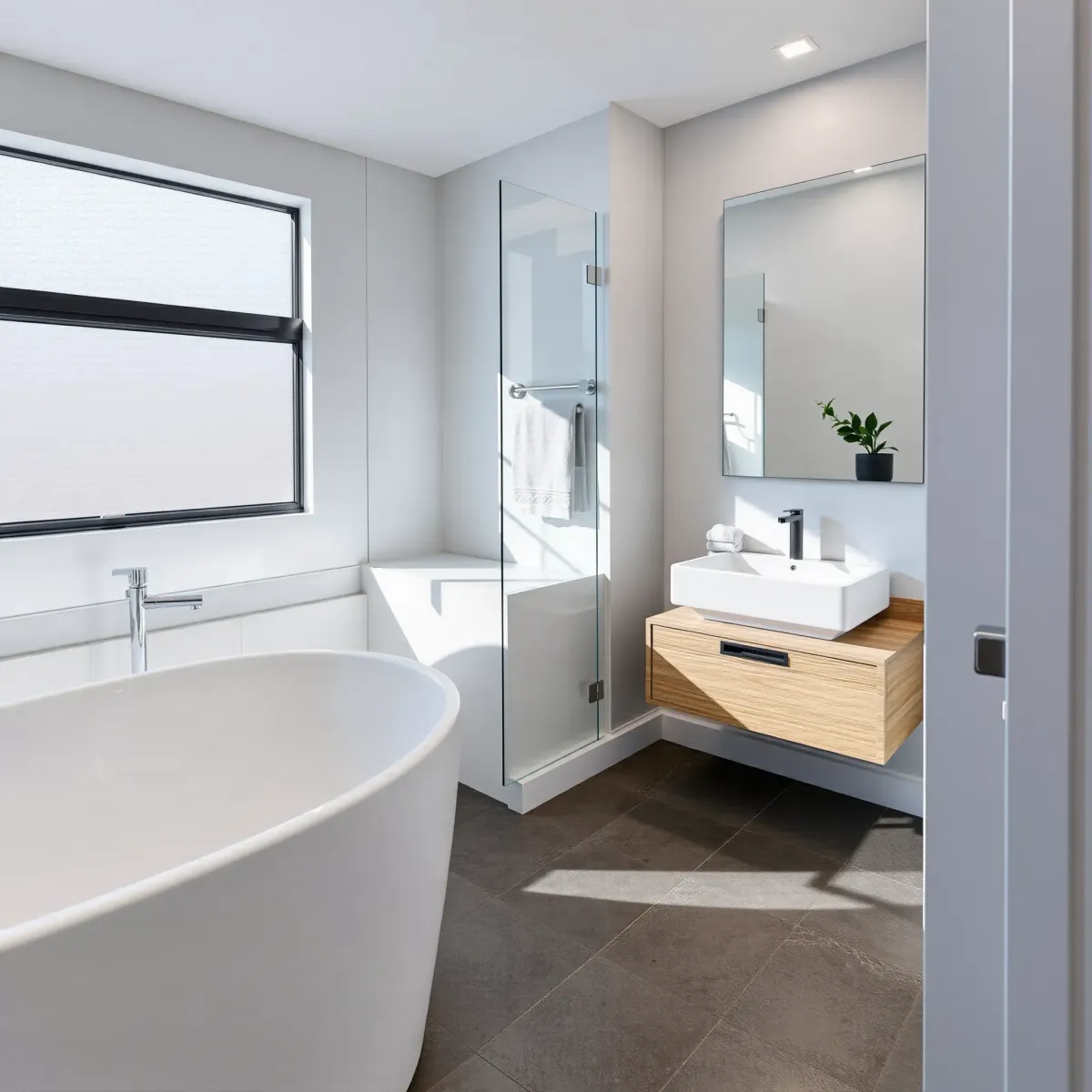 Renovated Fairfax District bathroom featuring white tub, glass shower, floating wood vanity, neutral tiles, and natural light.