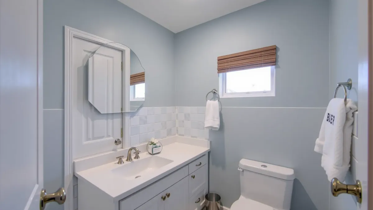 Modern Hermosa Beach bathroom with marble countertops, glass shower, coastal decor, and natural ocean light.