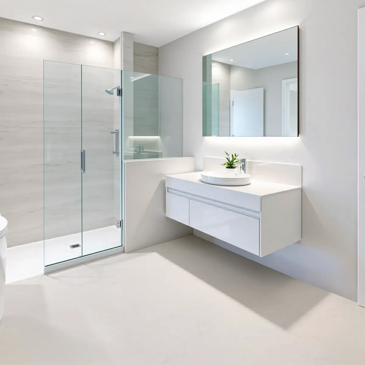 Modern small bathroom with glass shower, floating vanity, backlit mirror, neutral tiles, and greenery in West Adams, CA.