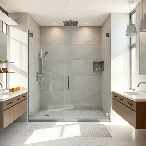 Modern walk-in shower with glass doors, chrome fixtures, stone tiles, warm lighting, and upscale bathroom design in Los Angeles