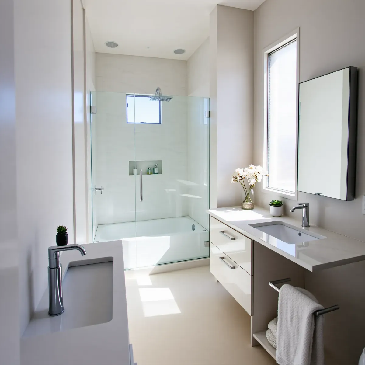 Bright LA bathroom with marble countertops, glass shower, sleek fixtures, minimalist design, sunny natural light, and city views.