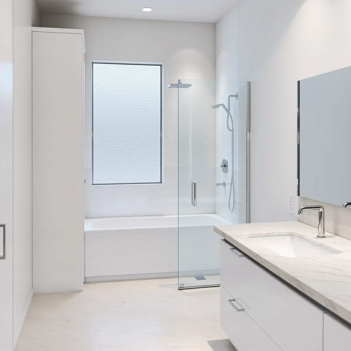 Modern Los Angeles bathroom with white cabinetry, glass shower, marble counter, LED lighting, and elegant neutral tiles.