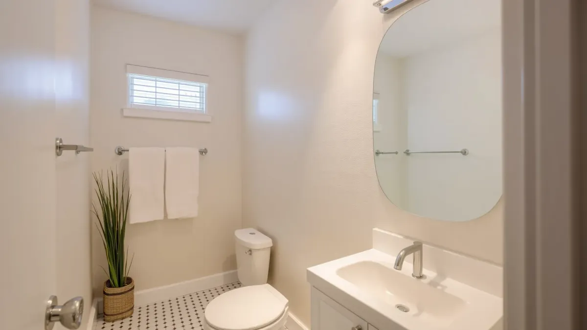 Remodeled small bathroom in El Segundo, CA with modern tiles, rainfall shower, sleek vanity, coastal decor, and natural light.