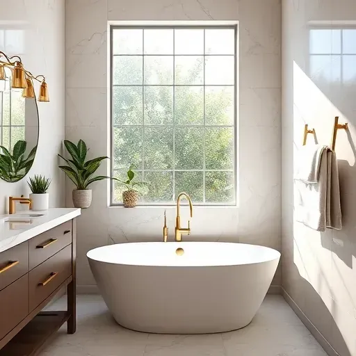 Completed bathroom remodel in West Adams CA features freestanding tub, marble counters, gold fixtures, and serene decor.