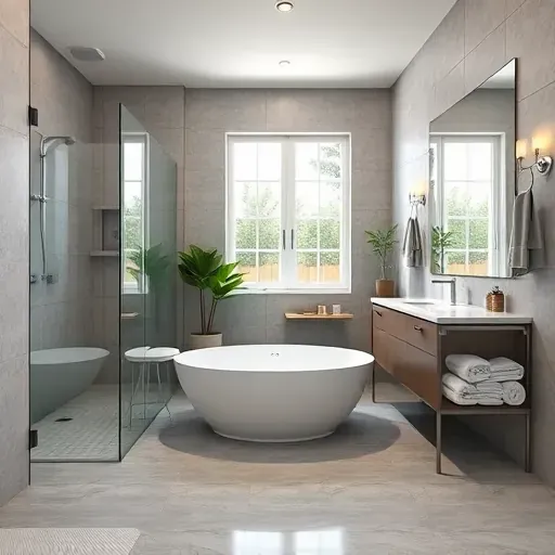 Newly remodeled bathroom in Mar Vista CA featuring a walk-in shower, freestanding tub, marble vanity, and ambient lighting.