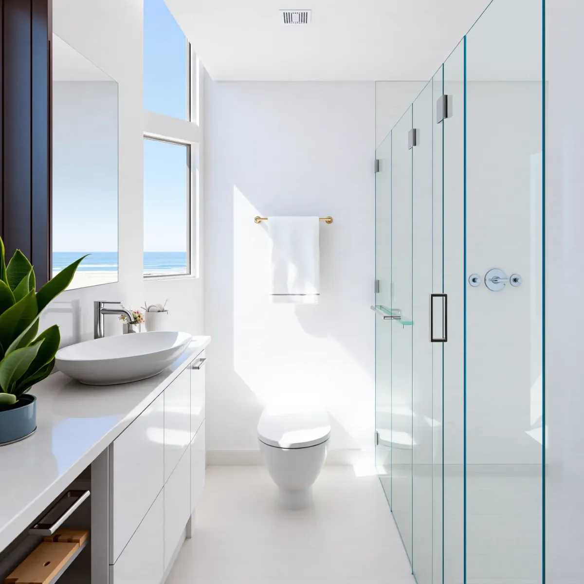 Beautiful renovated Hermosa Beach bathroom with modern fixtures, white subway tiles, natural stone accents, and ocean-inspired decor.