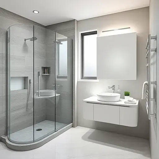 Modern small bathroom remodel in Lomita CA with glass shower, gray stone tiles, floating vanity, quartz countertop, and bright lighting