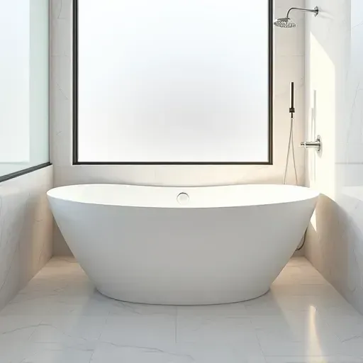 Completed modern Los Angeles bathroom with a freestanding white bathtub, marble tiles, chrome fixtures, and natural light