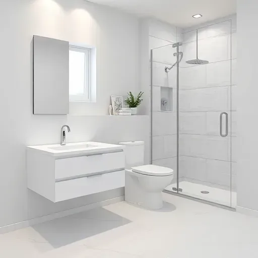 Recently renovated modern Los Angeles half bathroom with white tiled floor, gray walls, floating vanity, glass shower, and natural light
