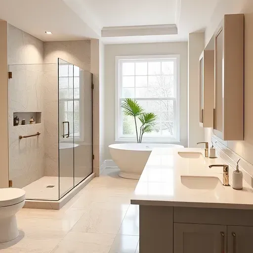 Completed bathroom remodel in View Park CA featuring modern fixtures, walk-in shower, freestanding tub, and elegant decor.