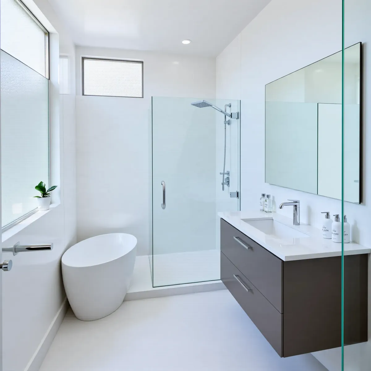 Beautiful small bathroom remodel in Fairfax District, CA featuring sleek fixtures, walk-in shower, marble tiles, and modern vanity.