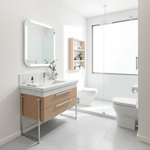 Renovated small bathroom in Los Angeles with modern fixtures, marble countertop, glass shower, and natural light.